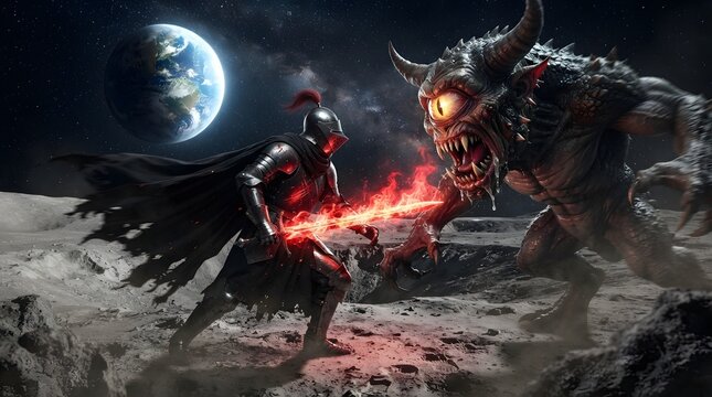 Armored Knight Wielding a Flaming Sword in Epic Battle Against a Ferocious One Eyed Cyclops Monster on a Lunar Surface