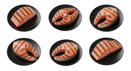 Fototapeta premium grilled salmon slices presented on black plates against a white backdrop culinary visuals