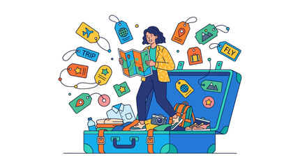 Naklejka premium Traveler with Suitcase and Map, Planning Vacation, Colorful Tags, Adventure Awaits