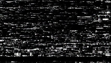Abstract digital glitch art black background with heavy white static noise and severe pixel distortion effect, overlay asset.