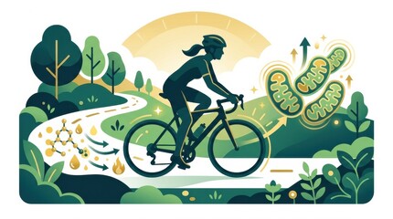 Obraz premium A cyclist rides on a winding path through a green landscape with symbols of health and longevity visible in the background in a sunny setting.