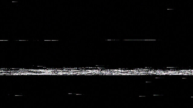 Abstract digital glitch art black background with white static noise horizontal lines and pixel distortion effect, overlay asset.