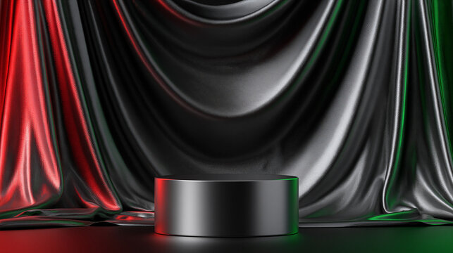 P&oacute;dio de cilindro prateado vazio em fundo escuro de cortina met&aacute;lica com ilumina&ccedil;&atilde;o neon vermelha e verde para apresenta&ccedil;&atilde;o de produto.