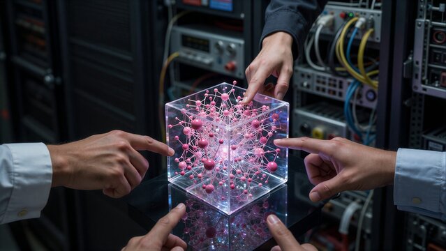 Hands point at glowing pink molecular structure inside a transparent cube in server room.