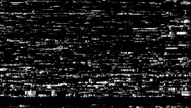 Abstract digital glitch art black background with heavy white static noise and severe pixel distortion effect, overlay asset.