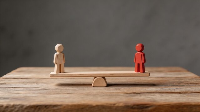 Wooden figures on balance scale