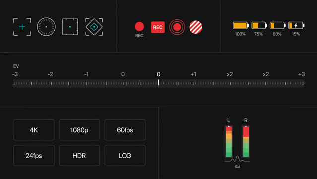 Video camera interface template. Recording settings with exposure, frame rate and resolution controls for UI mockups, filmmaking apps and technology presentations.