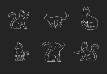 Fototapeta premium Minimalist White Line Art Cat Illustrations Set on Black Background. Collection of Stylized Feline Outline Icons in Various Poses for Graphic Design Projects.