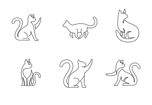 Minimalist Cat Line Art Vector Icons Set. Collection of Outline Pet Illustrations in Various Poses for Design Projects.