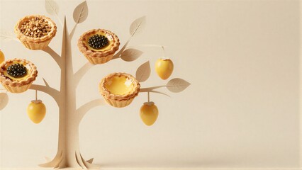 Obraz premium Pastries hang like fruit from a paper tree, golden and inviting.