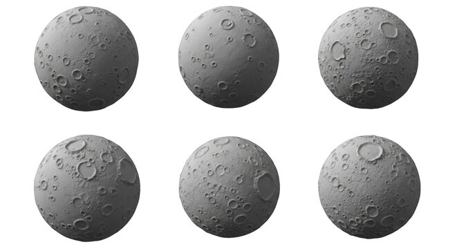 six 3d gray lunar models with craters on a white background simulating moon phases for scientific or educational purposes