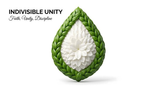 Indivisible Unity concept art with white flower petals and green braided border, symbolic faith unity discipline teardrop shape, elegant floral sculpture for spiritual and community branding