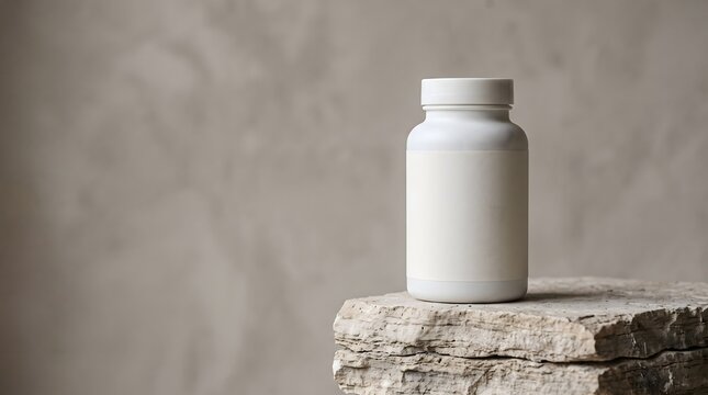 Blank white plastic supplement bottle on a rustic stone pedestal, minimalist health and wellness product branding display template.