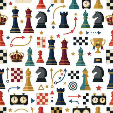 Seamless vector pattern with chess pieces, chessboards, strategy arrows, and clocks. Flat design background for gaming, strategy concept, textiles, and wallpaper.