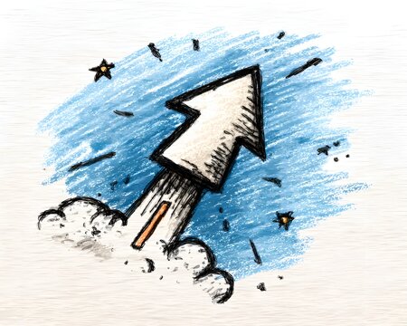 Hand-drawn crayon illustration of an arrow-shaped rocket launching upwards, symbolizing business growth, startup success, and future progress