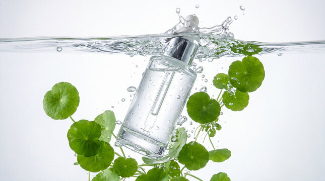 Cosmetic dropper bottle submerged in water splash with green centella asiatica leaves