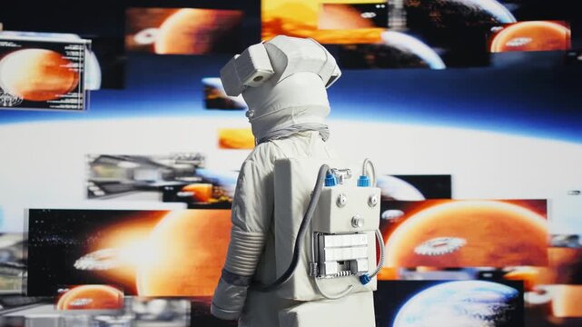 Astronaut floats in orbit above Earth while wearing a space suit, representing human exploration, scientific discovery, advanced technology and curiosity about the universe.