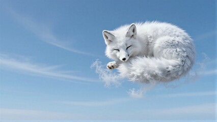 Fototapeta premium White fox sleeps peacefully on a cloud against a clear blue sky.