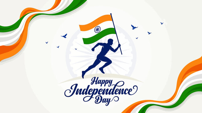 Indian Independence Day vector background, running man silhouette holding India flag, saffron white and green tricolor patriotic banner