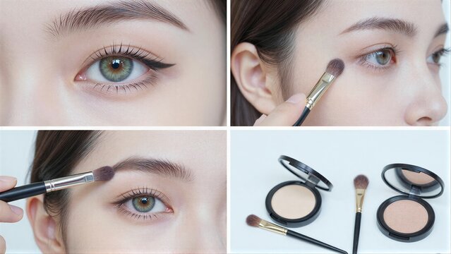 Woman applies makeup with brushes for eye and brow enhancement, showcasing beauty routine steps.