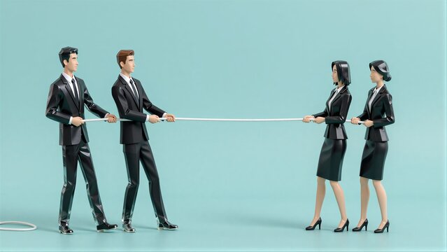 Two teams in suits pull a rope, symbolizing business competition or teamwork.
