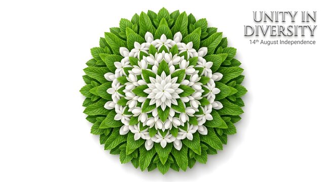 Unity in Diversity floral mandala for 14th August Independence, green and white jasmine flower arrangement on white background, patriotic botanical circular pattern for national celebration day