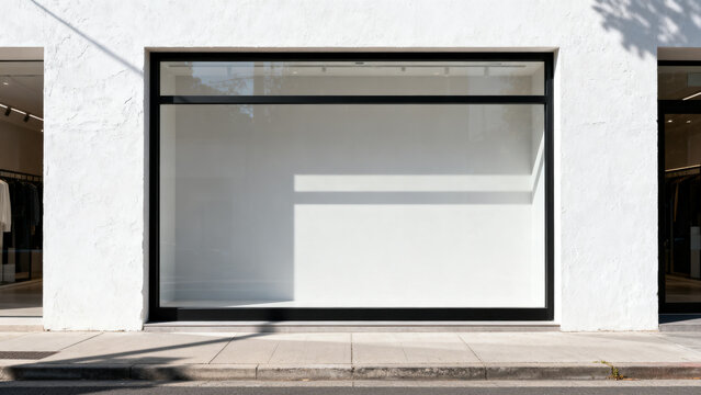 Empty store window mockup on a modern white building facade with sidewalk