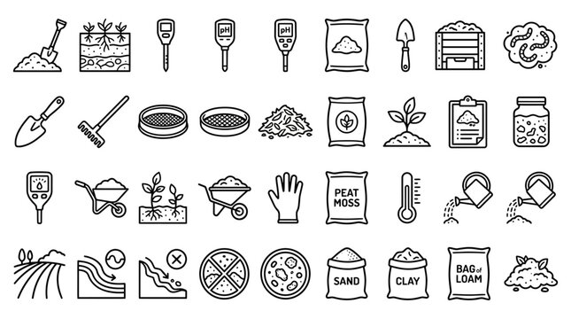 Comprehensive collection of thirty soil science and agriculture outline icons featuring linear design elements, dirt analysis, earth cultivation tools, and environmental geology symbols.
