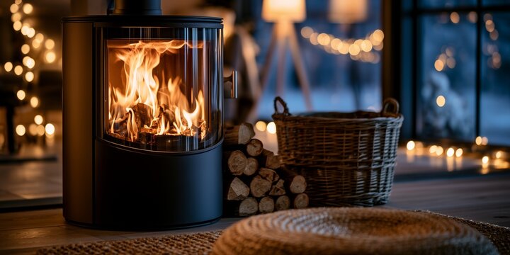 Modern wood burning stove with bright fire in cozy living room with warm bokeh lights, concept for winter interior design, comfortable home advertising and lifestyle blog
