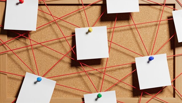Investigation cork board with blank white notes connected by red string