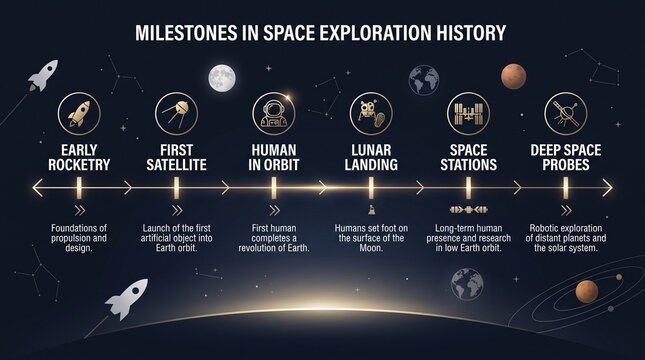 Milestones in space exploration history timeline vector illustration with planets and spacecraft rocket satellite orbit