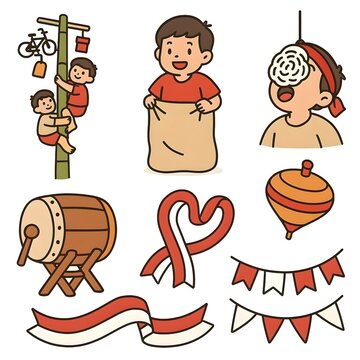 Indonesian Independence Day Traditional Games Element Set Illustration with Panjat Pinang, Balap Karung, Makan Kerupuk, Bedug Drum, and Red White Flags Ribbon