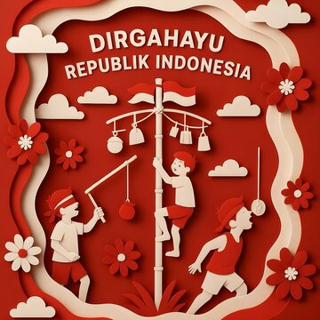 Dirgahayu Republik Indonesia Greeting Card Background Banner Designed with Beautiful Layered Paper Cut Style and Kids Playing Traditional August 17 Games