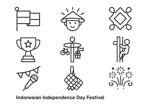 Minimalist Indonesian Independence Day Festival Line Icon Design Set Pack Vector Thin Line Graphic Symbols for August 17 Celebration Projects