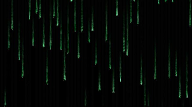 Green digital rain falling in sequence against a dark backdrop representing code and technology