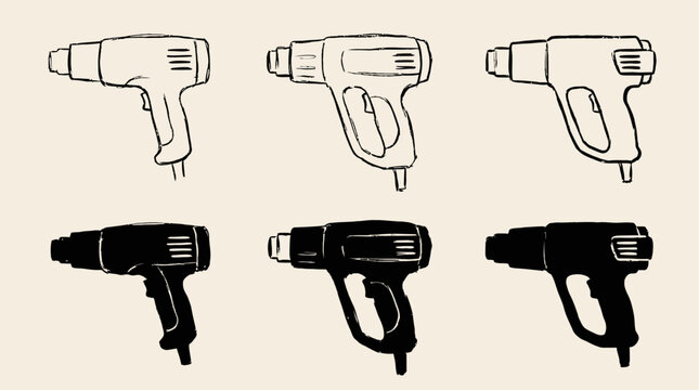 Set of three professional industrial heat gun icons featuring outline and solid black graphic styles for hardware repair and construction tool design isolated on white background