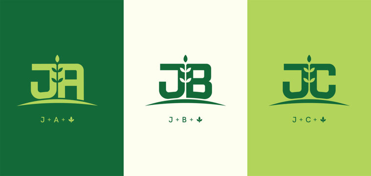 Set of initials letter JA, JB, and JC with grow plant logo design. JA monogram leaf symbol. JB letter agriculture sign. Initial JC nature organic logo