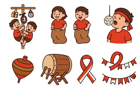 Indonesian Independence Day Traditional Games Element Set Illustration, Cute Children Playing Panjat Pinang, Balap Karung, Makan Kerupuk with Bedug and Decorative Ribbons Vector Graphic