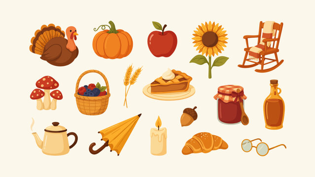 Harvest icon collection. Pumpkin, apple, sunflower and seasonal objects for Thanksgiving decorations, autumn branding and greeting cards.