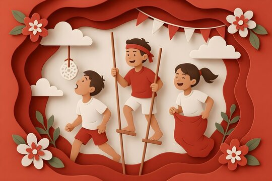 Exquisite Paper Cut Style Illustration of Indonesian Children Playing Traditional Games, 3D Layered Artwork of Kids on Stilts and Sack Race for Independence Day