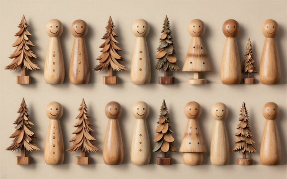 Wooden peg dolls and tree ornaments hang neatly, festive and handmade.