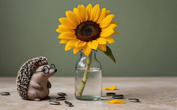 A tiny hedgehog with glasses gazes at a sunflower in a glass bottle.