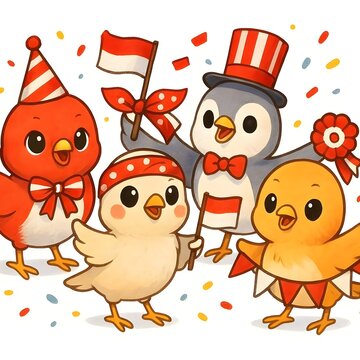 Cute Cartoon Bird Characters Celebrating Indonesian Independence Day with Red and White Flags and Party Hats Vector Illustration