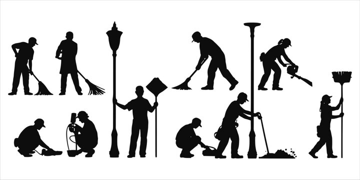 Silhouettes of Sanitation Workers with Brooms and Tools on White Background Keywords: sanitation, workers, cleaning, sweeping