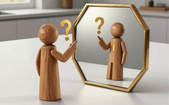 Wooden figure questions itself in mirror, symbolizing self-reflection and inner inquiry.