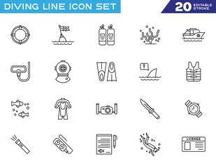 Diving line icon set, editable stroke vector elements for scuba, underwater exploration, ocean, and marine sports © AKS Studio