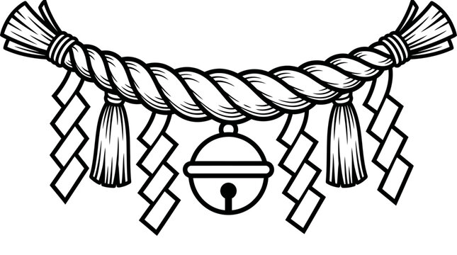 Traditional Japanese Shinto shrine shimenawa rope with shide paper streamers, minimalist black and white graphic icon, sacred spiritual symbol isolated on plain white background.