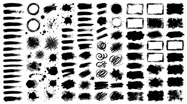 Massive collection of abstract black ink brush strokes, artistic hand-painted acrylic textures, distressed grunge border elements, and creative splatter marks for graphic design composition.