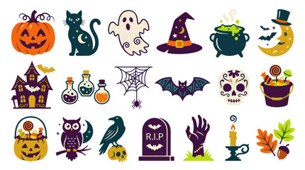 Fototapeta premium Flat Cartoon Halloween Icons Set: Spooky Holiday Symbols and Elements Collection