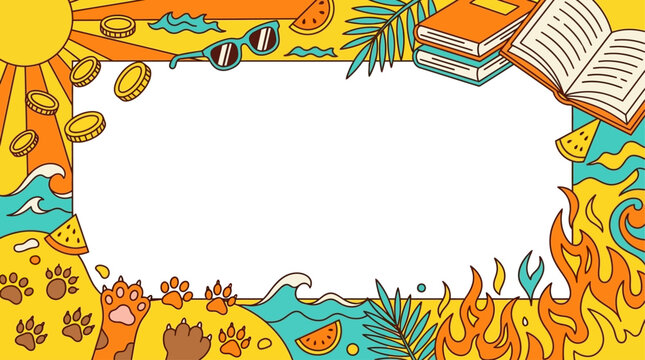 Refreshing Summer Pop Art Background Frame Isolated on White with Vibrant Citrus Fruits and Cooling Ice Cubes for Seasonal Advertising and Social Media Layout